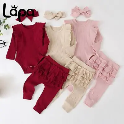 £10.29 • Buy Newborn Baby Girl Ribbed Ruffle Outfit Romper Jumpsuit Pant Headband Clothes Set