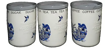 Blue Willow Ceramic Tea Sugar Coffee Storage Jars -Set Of 3 Canisters With Blue • £29.69