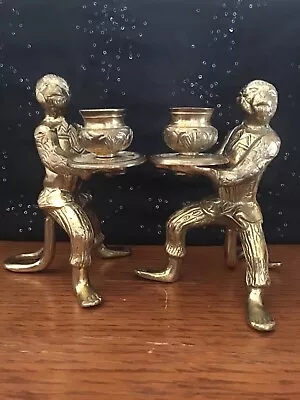 Antique Solid Brass Monkey Butler Candlestick Holders By Andrea By Sadek • $189