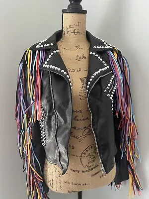 Azalea Wang Studded Colorful Fringe Vegan Leather Jacket In Black Women's S • $71