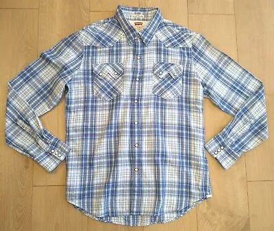 Levis Slim Fit Western Cowboy Blue Sawtooth Check Cotton Shirt Pearl Snap Large • £30