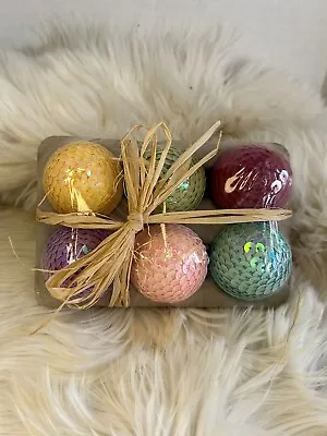 $9.99 • Buy Pier 1 Easter Sequin Eggs 6 Sequined Pastel Colors In Egg Carton Raffia Bow New