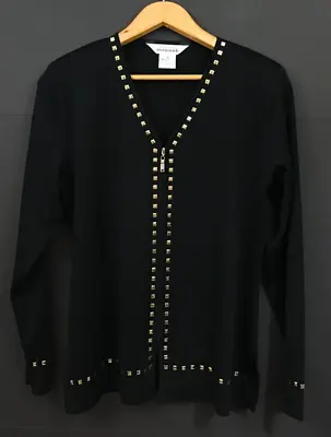 Exclusively Misook Black Acrylic Knit Cardigan Sweater Gold-Trim Detail Size S • $41.99