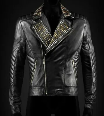 New Genuine Men Leather Gold & Sliver Studded Jacket Black With Slashed Pockets • $148.50