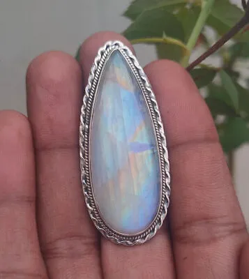 Large Rainbow Moonstone Ring Sterling Silver Boho Statement Ring Handmade Ring A • $19.19