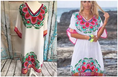 Bnwt Embroidered Mexican White Boho Resort Festival Tunic Dress S M L Xl • £39.99