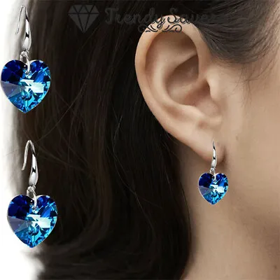 Blue Heart Crystal Drop Earrings 925 Sterling Silver Filled Dangle Fashion Women • £3.99
