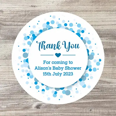 48 X Baby Shower Personalised Stickers Baby Boy Shower Favours Thank You Blue • £3.50