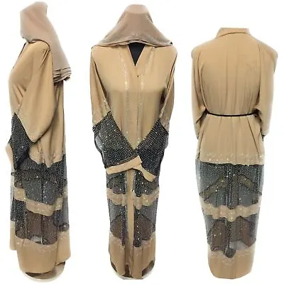 $49.93 • Buy Beige Women Abaya Farasha Jalabiya Arab Dress With  Stone Work