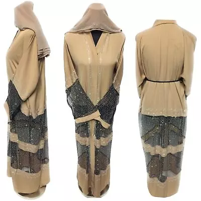 $49.93 • Buy Beige Women Abaya Farasha Jalabiya Arab Dress With  Stone Work