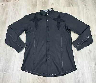 Roar Shirt Men's Medium Black Western Embroidered Cross Black Button Down • $26