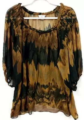 Eci New York Brown Black Sheer See Through Tie Dye Braided Half Sleeve Top • $16.19