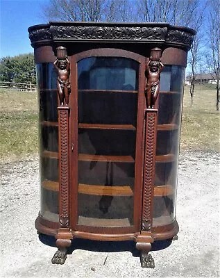 Antique Quartersawn Oak Triple Curve Glass China Cabinet Full Body Carved Puttis • $4850