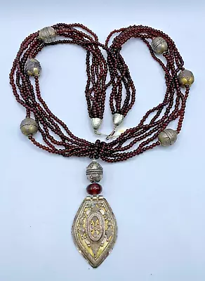 VTG Berber Moroccan Glass Tuareg Beaded Necklace Silver Tone Pendant Tribal • $55