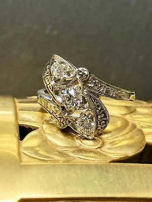 Antique Art Deco 14K White Gold  3 Stone Mine Cut Diamond Ring Sz 4 • $600