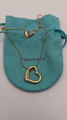 Tiffany & Co 18K Gold Elsa Peretti .38ct Diamond Open Heart Pendant Necklace 16  • $2495