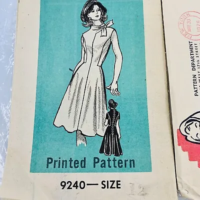 VINTAGE 50s SIMPLICITY PRINTED PATTERN 9240 Dress With Tie On Neck MCM Size 12 • $9.97