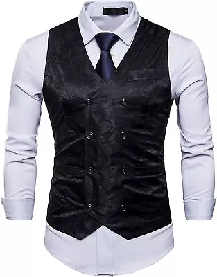 RONGKIM Mens Victorian Vest Double Breasted Suit Vest Slim Fit Brocade Paisley F • $68.29