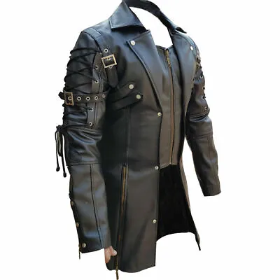 Men Real Cow Leather  Matrix Trench Steampunk Gothic Style Coat 2XL Length 38  • $125