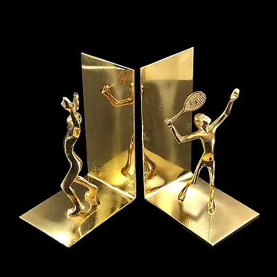 VTG Set Brass TENNIS PLAYER In Action Sport Bookends Sculpture Figure 6.5-in H • $31.96