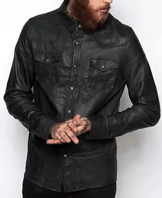 Mens Shirt Jacket Black Real Soft Genuine Lambskin Washed Waxed Leather Shirt • $114.99