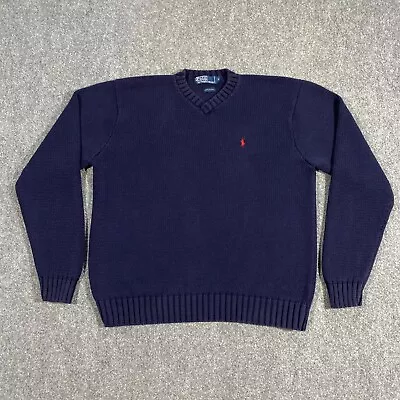 VINTAGE Polo Ralph Lauren V-Neck Knit Sweater Mens Large L Navy Blue Red Pony RL • $19.99