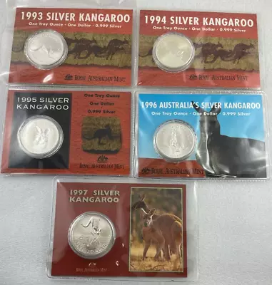 1993- 97 $1 Silver Kangaroo Set Of 5 RAM Carded 1oz 99.9% Silver Coins • $345