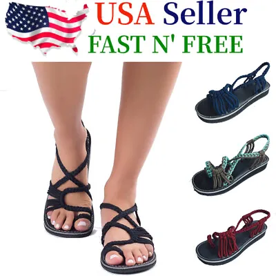 Bohemian Flat Flip Flops Bandages Beach Shoes Summer Casual Sandals Womens US  • $10.79