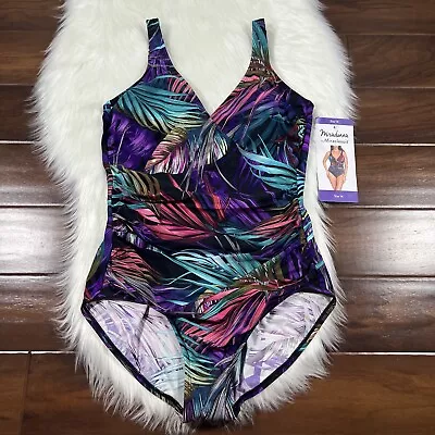 Miradonna Miraclesuit Size 14 Bahama Palms Shaping V Neck One Piece Swimsuit • $49.95