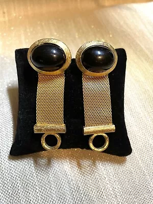 Vintage Cufflinks Mens Gold Tone Mesh Wrap Black Oval Cabochon 1  X 2.5  • $15