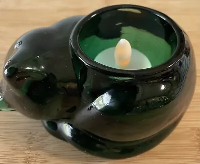 Glass Sleeping Kitty Votive Candle Holder Dark Green Indiana Glass Co Vtg • $15