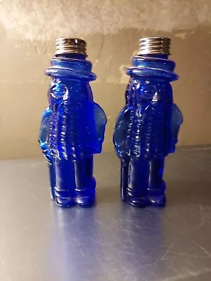 COBALT BLUE PLANTERS MR PEANUT GLASS Vintage Salt & Pepper Shaker Set 5.5” Large • $19.99