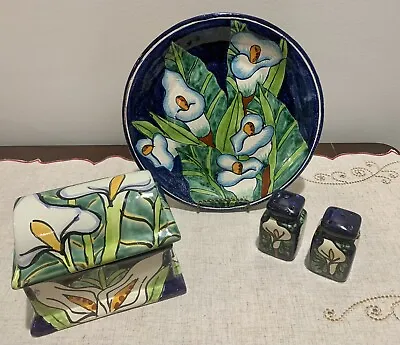 Talavera Calla Lily Plate Trinket Box With Lid And Salt & Pepper Shakers Signed • $25.99