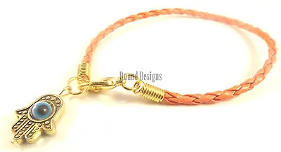 Hamsa Orange Leather Bracelet Evil Eye Kabbalah Gold Hand Of Fatima Charm New • £1.19