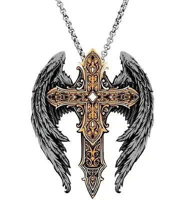 New Mens Angel Wings Biker Gold Color Cross Pendant Necklace For Men Steel • $9.88
