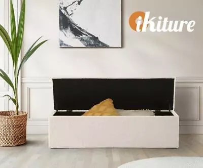 Oikiture Storage Ottoman Blanket Box Foot Stool XL Chest Toy Faux Linen White • $138.70