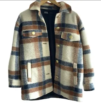 $60 • Buy Zara Oversized Wool Blend Plaid Jacket Coat Cream Brown Blue Size XS
