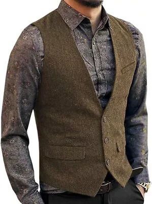 Men's Herringbone Tweed Wool Suit Vest Single Breasted Slim Fit Waistcoat Vest • $51.47