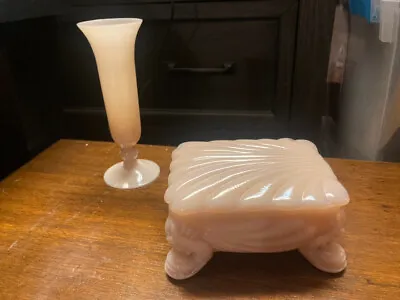 Cambridge Art Deco Crown Tuscan Shell Pink Milk Glass Dolphin Feet Trinket Box & • $40.99