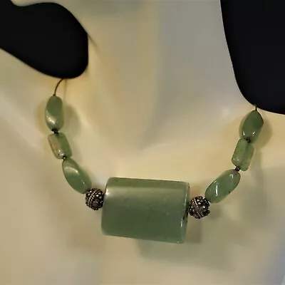 Vintage Green Jadeite Aventurine Bead Choker Necklace Silver Tone Wire 15 Inch • $34.99