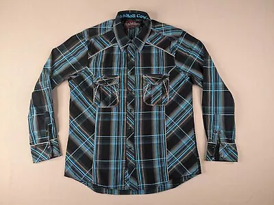 Rock Roll Cowboy Western Snap Shirt Adult Large Plaid Button Up • $24.88