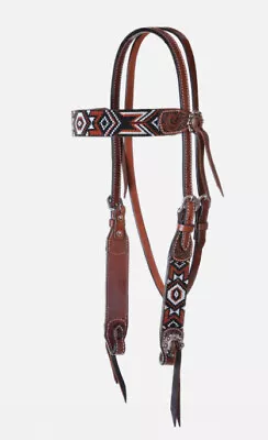 Circle Y 5/8  Beaded Browband Headstall White / Brown / Black Southwest Overlay  • $115.99