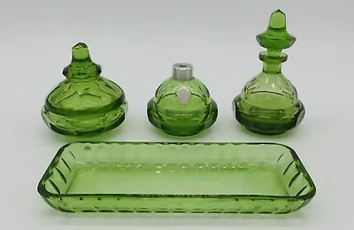 Antique Vanity Dresser Set Crystal Green 4 Pieces Landeskronen Kristall Germany • $149.99