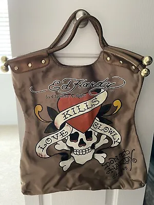 Ed Hardy 'Love Kills Slowly' Bronze Vintage Printed Tote Bag Used • $19.99