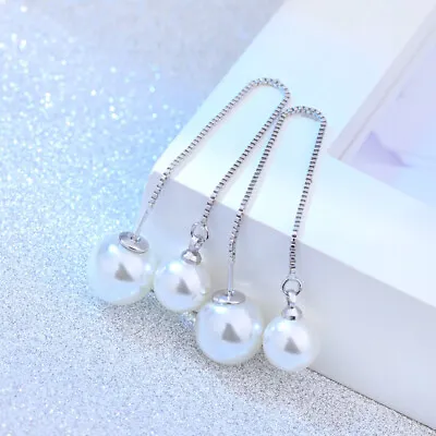 £5.65 • Buy Pull Through Earrings Double Pearl Ball Chain Drop Earrings Bride Wedding Party