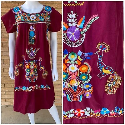 Vintage 70s Peacock Embroidered Mexican Midi House Dress Size Medium *flaws* • £24.13