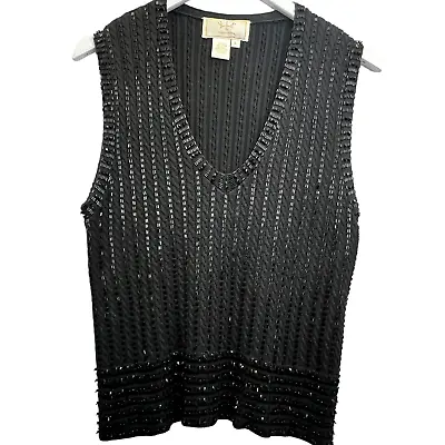 Vie X Victoria Royal Silk Sweater Black Size L Beaded Sleeveless V-Neck Ribbed • $28