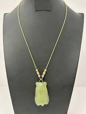 Gorgeous Vintage Large Carved Green Cicada Pendant On Gold Filled Necklace • $89