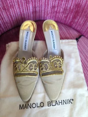 Manolo Blahnik Vintage Gold Embroidery Mule 36.5 • $50