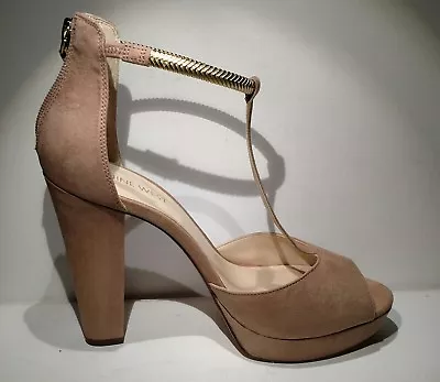 NINE WEST Sz8.5 Tan 5inch Heels Metal Ankle Bracelet Open Toe Nw7dewberry • $21